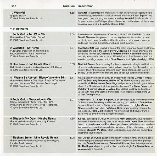 The Stone Roses - The Stone Roses - UK BMG Promo CD - Credits