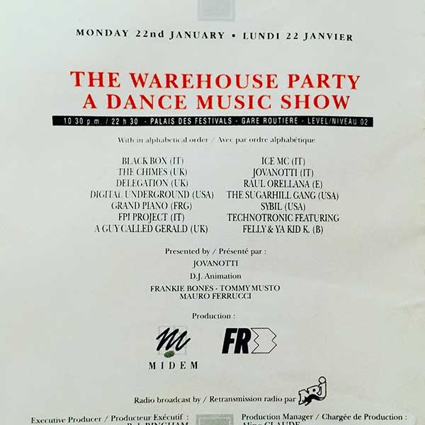 22 January: A Guy Called Gerald, The Warehouse Party, MIDEM 91, Palaise Des Festivals, Gare Routiere, Cannes, France