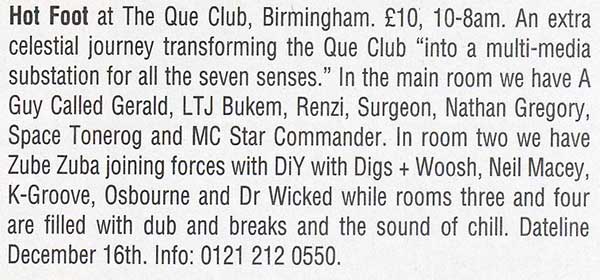 16 December: A Guy Called Gerald, Hot Foot, Que Club, Birmingham, England