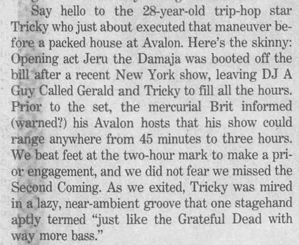 14 January: A Guy Called Gerald / Tricky Tour, Avalon, Boston, Massachusetts, USA