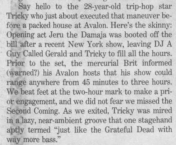14 January: A Guy Called Gerald / Tricky Tour, Avalon, Boston, Massachusetts, USA