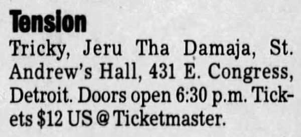 17 January: A Guy Called Gerald, Tricky Tour, St Andrew's Hall, Detroit, Michigan, USA