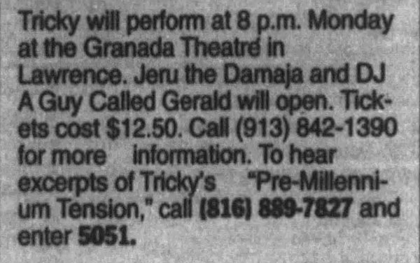 20 January: A Guy Called Gerald, Tricky Tour, Granada Theater, Lawrence, Kanasas, USA