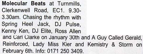 6 February: A Guy Called Gerald, Molecular Beats, Turnmills, London, England