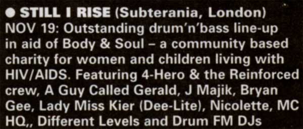 19 November: A Guy Called Gerald, Still I Rise, Subterannia, Notting Hill, London, England