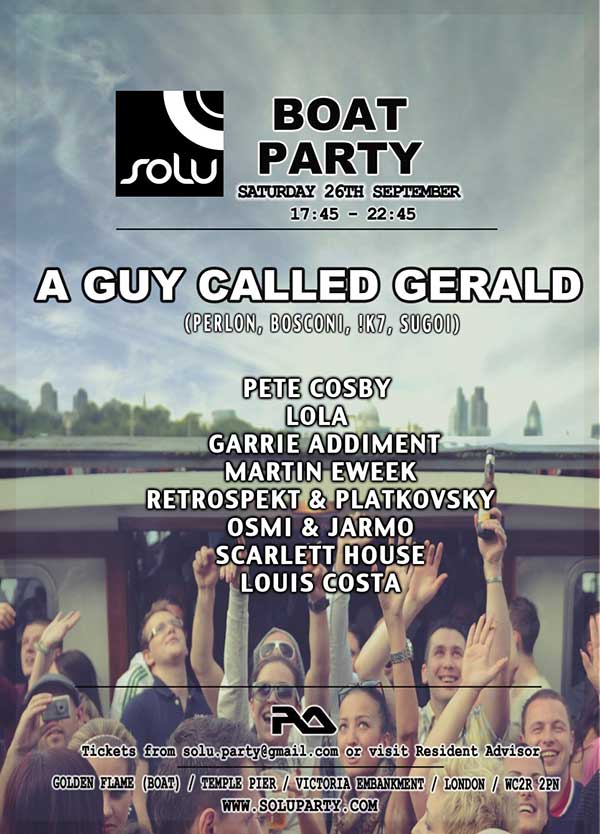 26 September: A Guy Called Gerald, Solu Boat Party, Golden Flame Boat, Temple Pier, Victoria Embankment, London, England