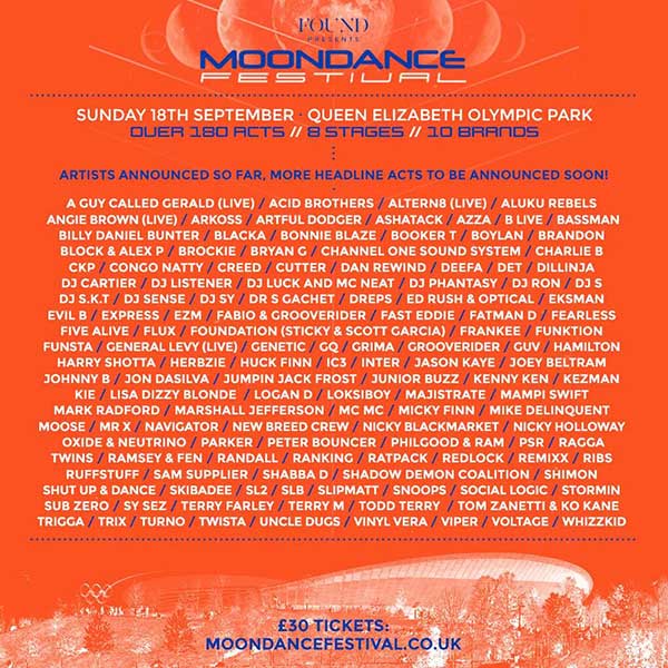 18 September: A Guy Called Gerald (live) (Evolution of Dance Music), Found presents Moondance Festival, Queen Elizabeth Olympic Park, Stratford, London, England