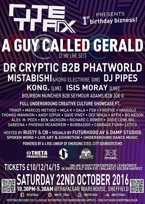 22 October: A Guy Called Gerald Live, Rite Trax 1st Birthday, Trafalgar Warehouse, Sheffield, Yorkshire, England