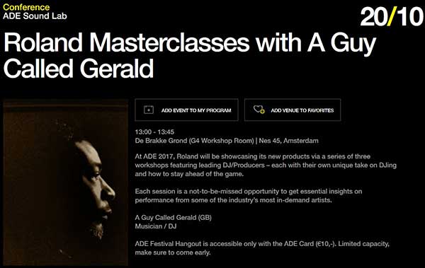 20 October: Roland Masterclasses with A Guy Called Gerald, ADE Sound Lab 2017, Vlaams Cultuurhuis de Brakke Grond, Amsterdam, The Netherlands