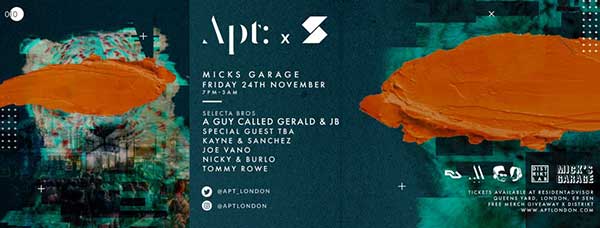 24 November: A Guy Called Gerald / JB, Selecta Bros (JB & AGCG B2B), Apt 010: x Selecta, Mick's Garage, Hackney Wick, London, England