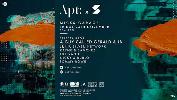 24 November: A Guy Called Gerald / JB, Selecta Bros (JB & AGCG B2B), Apt 010: x Selecta, Mick's Garage, Hackney Wick, London, England