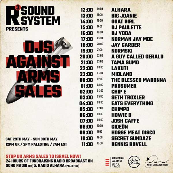 29 May: A Guy Called Gerald, R3 Soundsystem, DJS Against Arms Sales, London, England